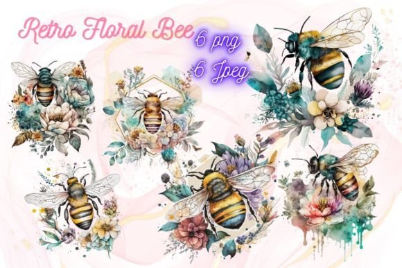Download Retro Floral Bee Watercolor Sublimation - Floral bee Collection