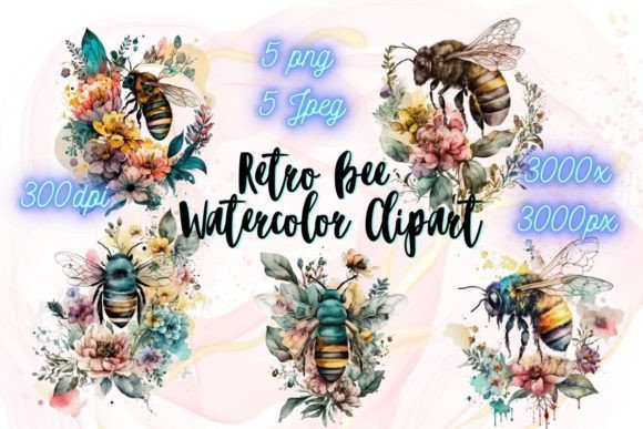 Download Retro Floral Bee Watercolor Sublimation - Floral bee Collection